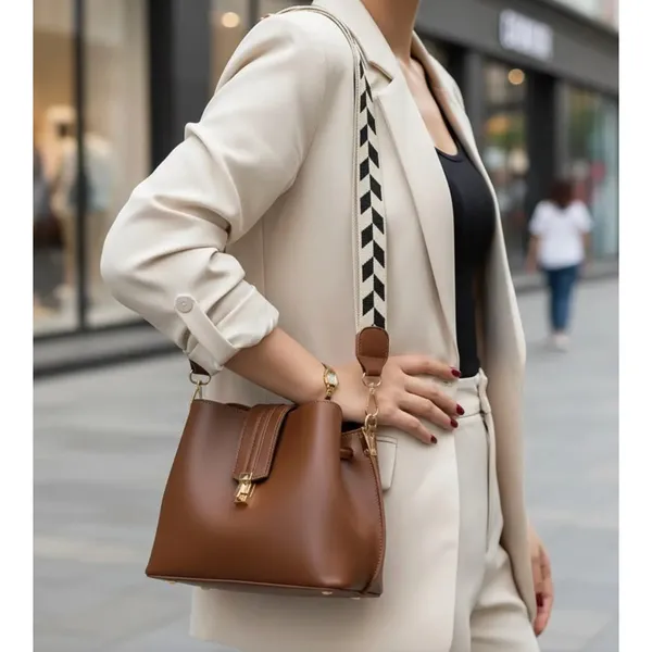Brown Faux Leather Bag Black Cream Chevron Strap - Image 3
