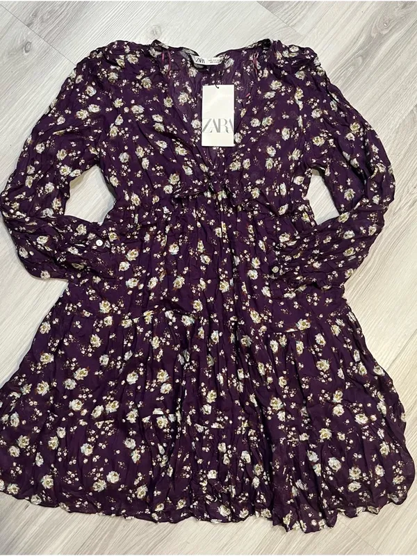 Zara Purple Floral V-Neck Long-Sleeve Mini‎ Dress - Image 3