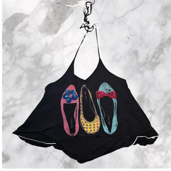 Vintage Y2K Halter Top Backless Flowy Ballet Flats Graphic Tank M - Image 12