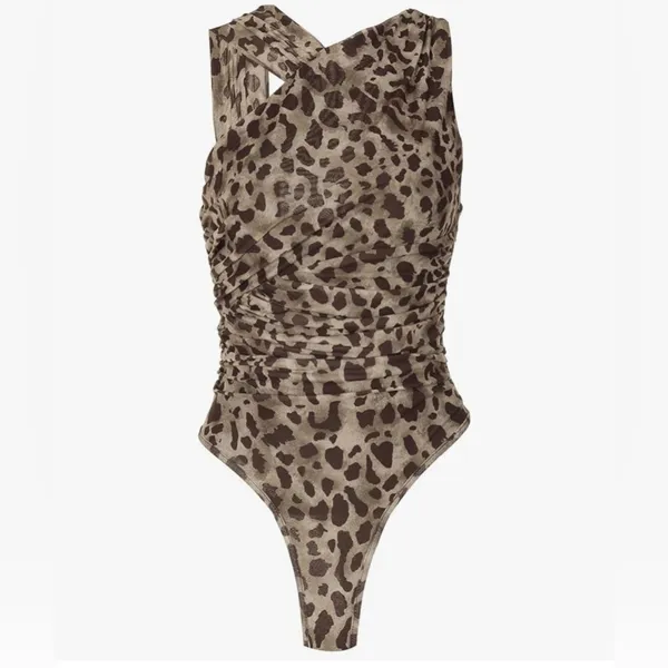 Tyssedal Studio Leopard Print Ruched Crossover Halter Bodysuit Brown Tan Large - Image 2