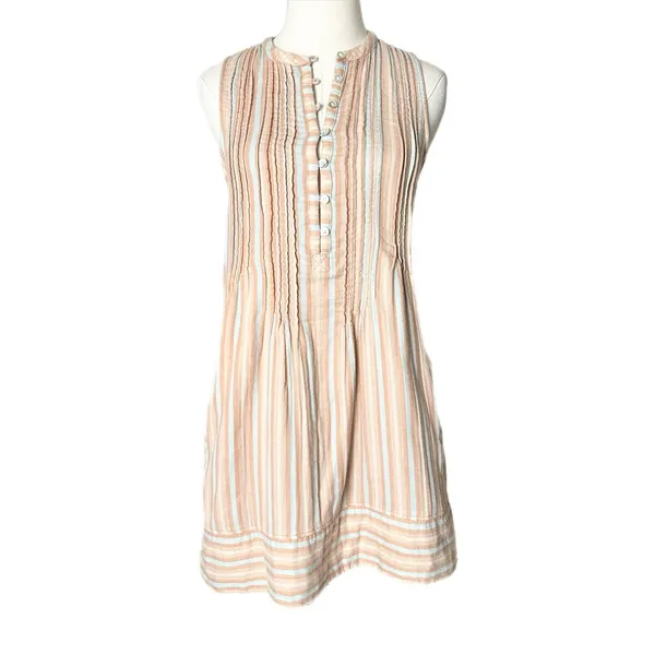 Faherty Isha Organic Cotton Striped Pintuck Sleeveless Shift Dress Peach Blue XS - Image 2