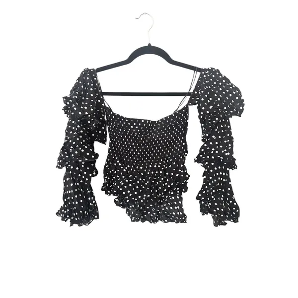 SEEK THE LABEL Polka Dot Ruffled Off Shoulder‎ Blouse Black Small - Image 3