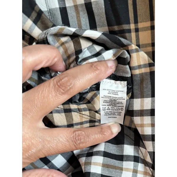 LOFT Womens M Plaid Button Front Shirt Long Sleeve Autumn Fall Cream Brown Black - Image 6