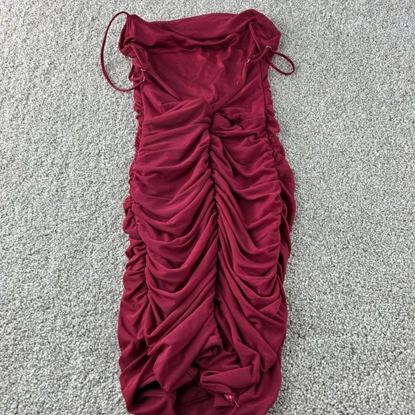 Oh Polly Dark Red Ruched Mesh Cowl Neck Bodycon Mini Dress Size 2 Homecoming - Image 3