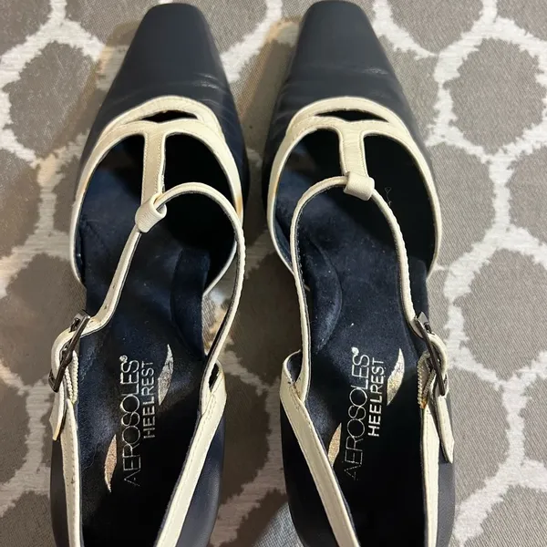 AEROSOLES Navy/Black and Cream Mary Jane Heels with Tapered Heel - Image 2