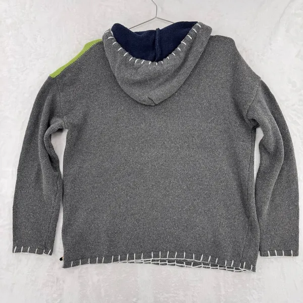 Hooded Sweater Gray Green Color Block Pocket Beads Toggle Button Boho Asymmetric - Image 4