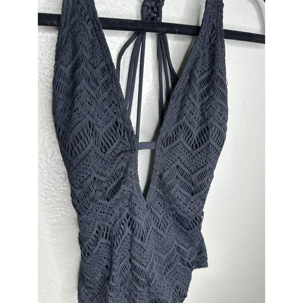 Vince Camuto Swim One Piece Swimsuit Womens 10 Black Crochet Plunge Macrame - Image 2