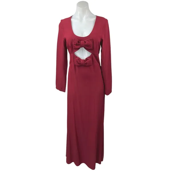 Staud Lido Womens Red Double Bow Cut Out Long Sleeve Maxi A-Line Gown Dress Sz 8 - Image 7