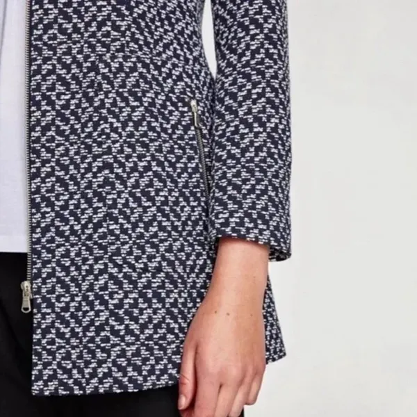 ✨Zara Classic Minimalist Tweed Blue White Zip Up Sz Medium Peacoat✨ - Image 5