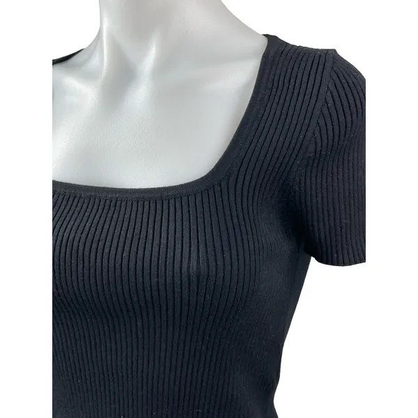 Madewell Women's Black Ribbed Knit Square Neck Sculpt T Shirt Crop Top Size S - Image 3