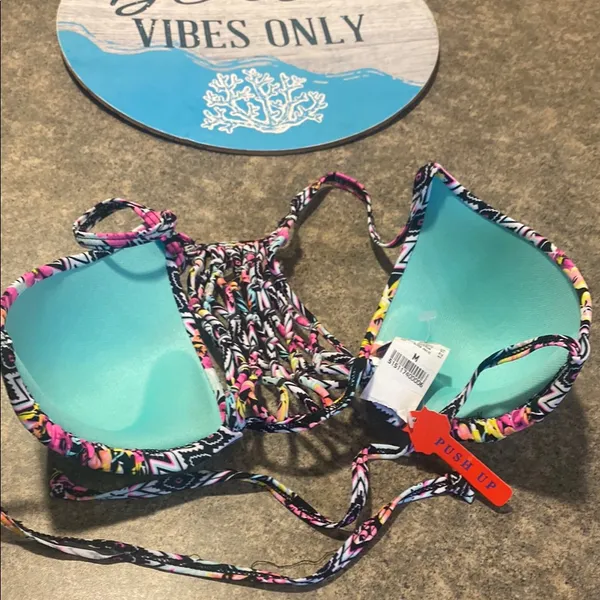 Wet Seal Multicolor Floral Print Push-Up Bikini Top with Teal Lining - Image 2
