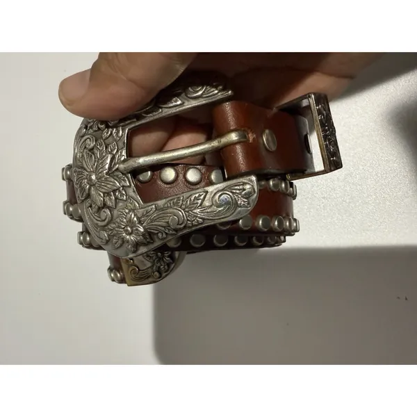 Western Studded Belt San Juan Creek Brown Leather Silver Stamped‎ 35" Sz 30 - Image 2