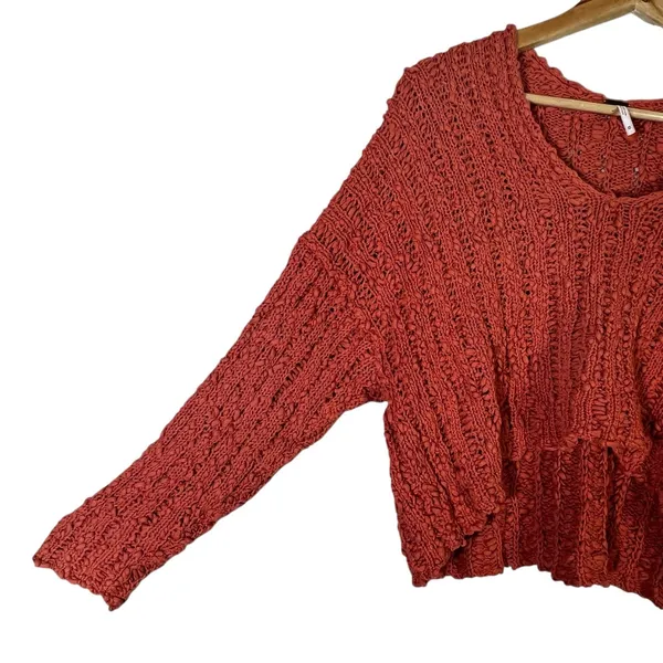 Free People High Low Open Knit V-Neck Sweater Rust Orange Boho Cropped Size M - Image 4