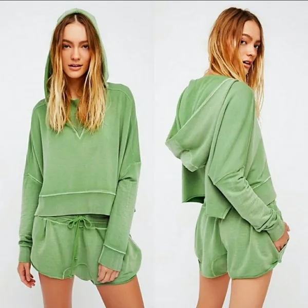 Free People Morning Run Crop Oversized Hoodie Modal Blend Green size S - Image 2
