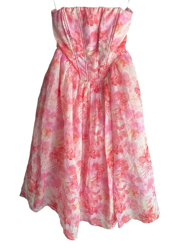 Lulus Eulalia Pink Floral Lace-Up Strapless Bustier Midi Dress - Image 4