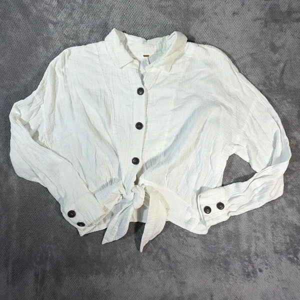 Free People Sunstreaks Tie-Front Shirt White Gauze Button Down Boho Cropped LRG - Image 3