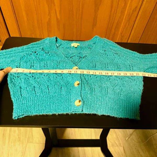 Debut Large‎ Teal Blue Pointelle Knit Cropped Cardigan Sweater V-Neck - Image 5