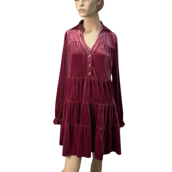Easel Burgundy Velvet Babydoll‎ Tiered V-Neck Mini Dress Small Ruffle Flowy Boho - Image 2