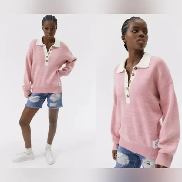 BDG Urban Outfitters Women's MEDIUM Renna Pink Long Sleeve Rugby Sweater Prep - Image 2