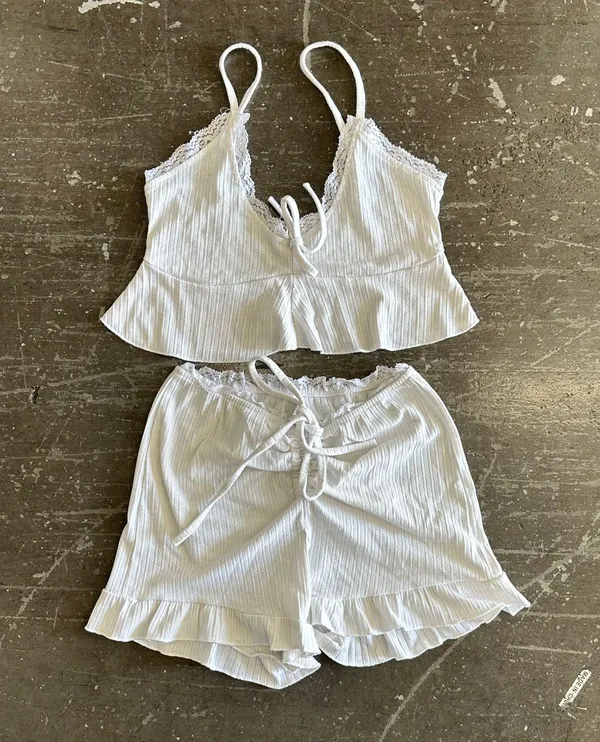 White Lace Trim Ruffle Lacing Lounge Set - Image 2