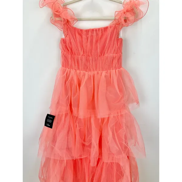 Lulus Tulle For Love Coral Pink Mesh Tulle Tiered Ruffled Maxi Dress Medium NWT - Image 10