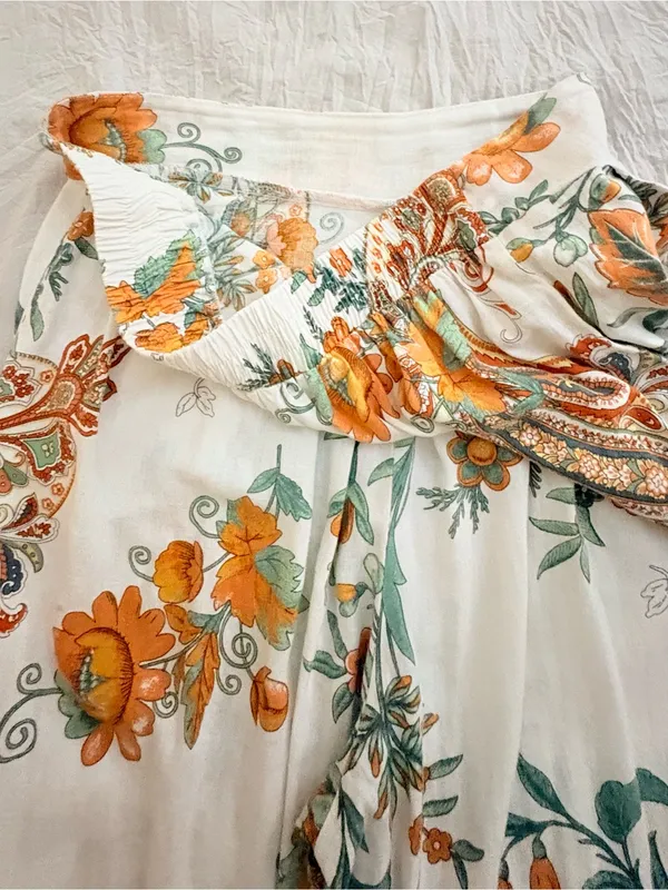 Rachel Zoe Linen Blend Wide Leg Pants Orange Floral Paisley Boho Resort Sm - Image 6