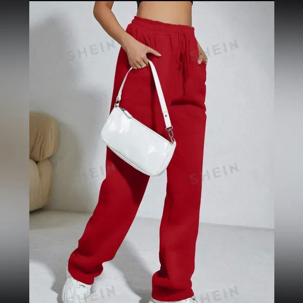 SHEIN Red Slant Pockets Drawstring Waist Flare Leg Sweatpants - Image 4