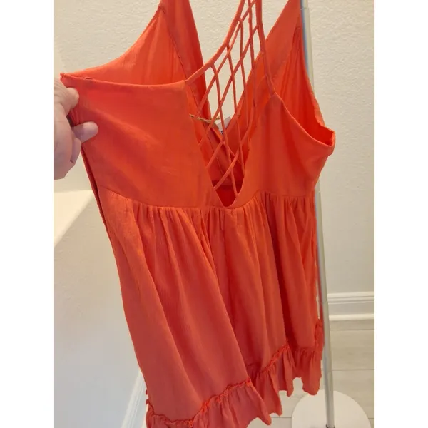 New In Wrinkly Fabric Style Orange Cotton Babydoll Strappy Size L Dress NEW - Image 4