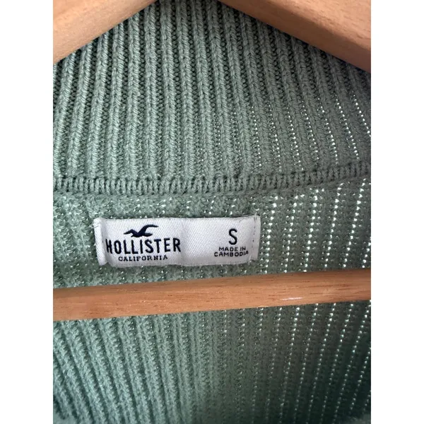 Hollister Sage Green White Striped Ribbed Polo Sweater V-Neck Cropped Small - Image 3