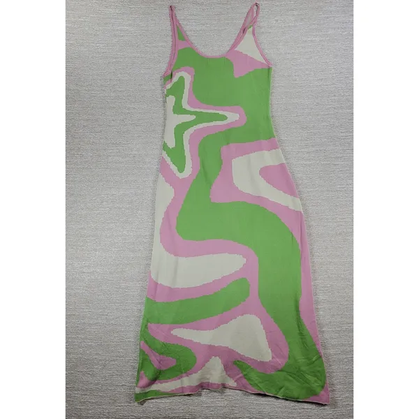 Cider Swirl Knit Dress L Pink Green Midi Y2K Spaghetti Strap Psychedelic Retro - Image 8