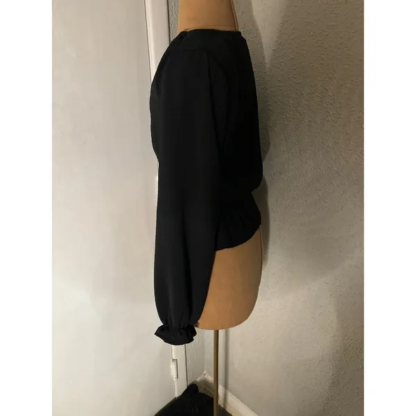 Topshop Black V-Neck Buttondown Smocked Peplum Top 2 Peasant Boho Classic Casual - Image 4