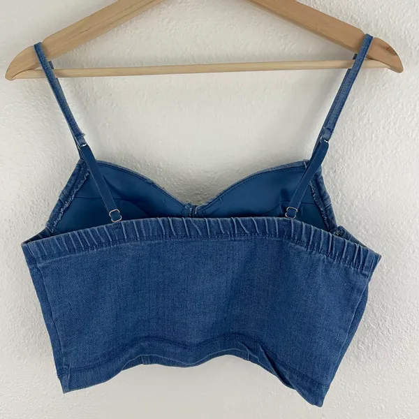 Haute Monde Y2K Vibes Blue Denim Cowgirl Western Rhinestone Fringe Crop Bustier Tank Top - Image 6