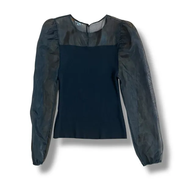 Black Sheer Puff Sleeve Top Ribbed Knit Romantic‎ Coquette Blouse L - Image 6