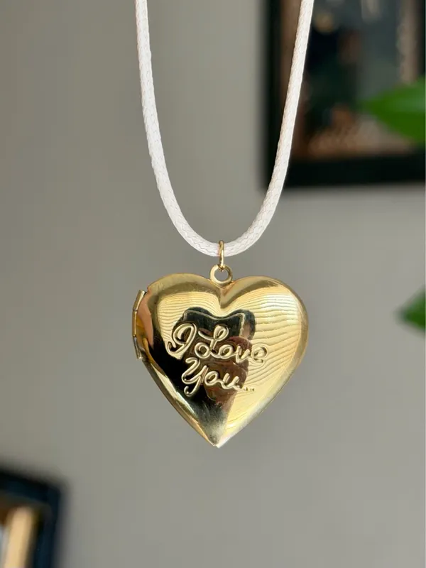 Handmade “I love you” gold tone stainless steel heart locket charm necklace 🍃🩵 - Image 3