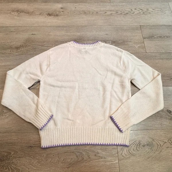 NWT Aspen Cream Wool Blend Crew Neck Sweater with Purple Trim Size Small‎ S - Image 2
