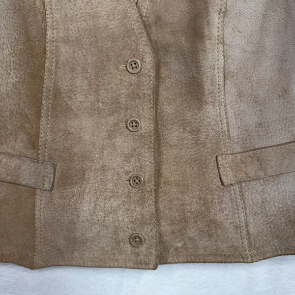 Vintage Boho Large Leather Vest Suede Front Satin Back Cinch Tan Camel Festival - Image 3