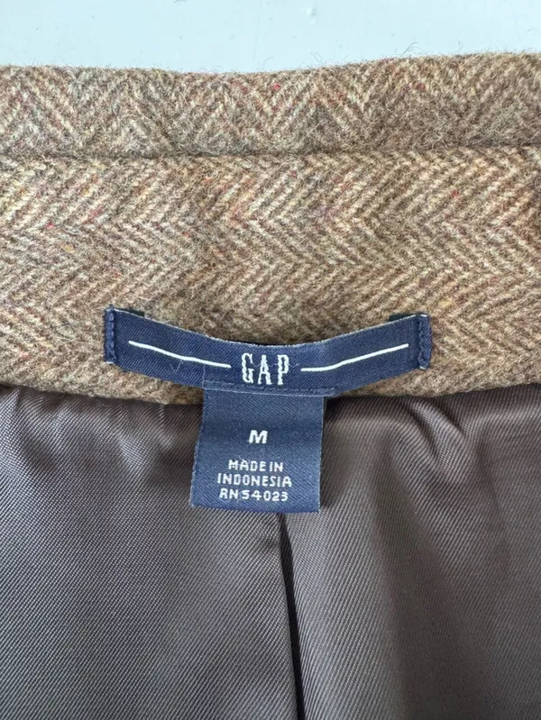 Vintage GAP Tan Wool Herringbone Belted Trench Coat Size Medium - Image 4