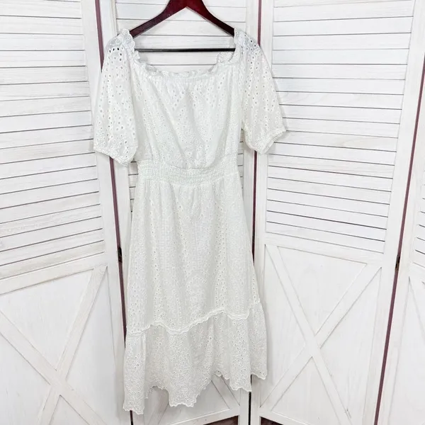 Betsey Johnson Eyelet Off The‎ Shoulder Smocked Waist Midi Dress White Large - Image 9