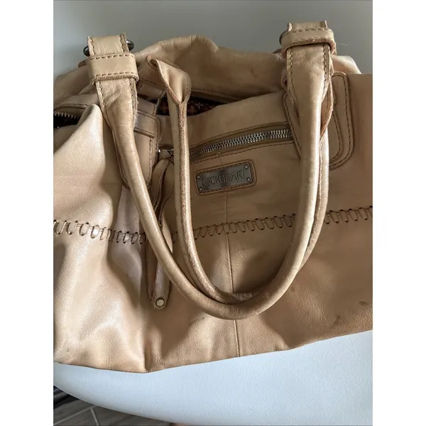 Lockheart Beige Leather Beaded Shoulder Bag Lockheart Handbag Stained - Image 11