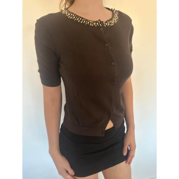 Loft Brown Quarter Sleeve Boho Beaded Button Down Sweater Cardigan - Image 5