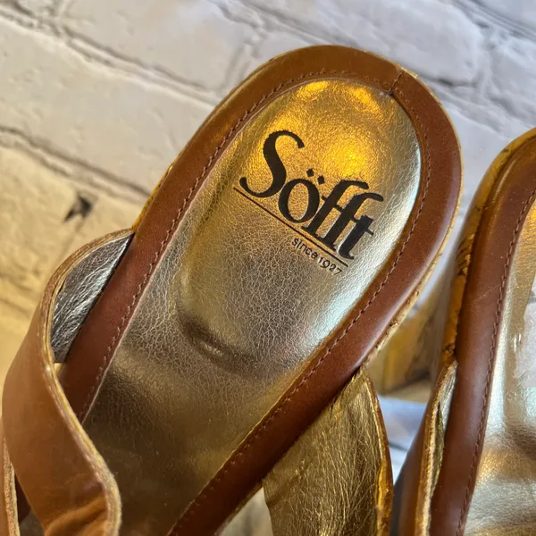Sofft Brown Leather Cut Out Design Sandals Heels Cork Natural Size 11 Artsy Boho - Image 12