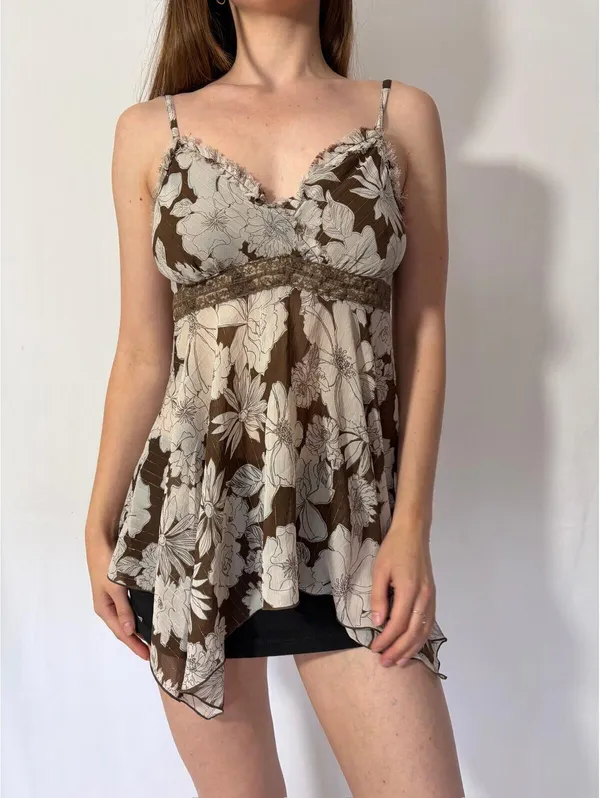 Brown Floral Babydoll Silky Ruffle Y2K Fairy Top - Image 5