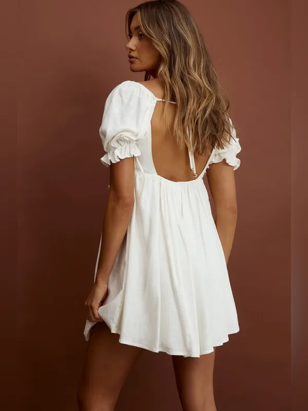 $99 NWT Selfie Leslie X Indikah Macedonia Puff Sleeve Babydoll Dress Cream, S - Image 2