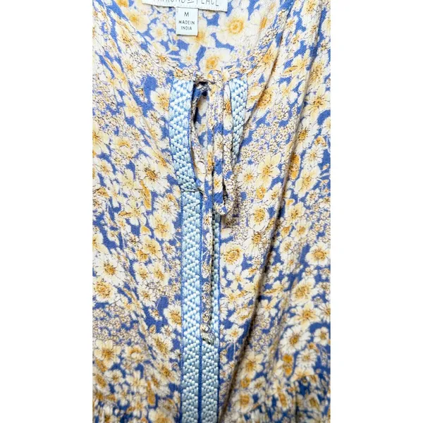 Patrons of Peace Blue Yellow Ditsy Floral Peasant Blouse Boho Size Medium - Image 5