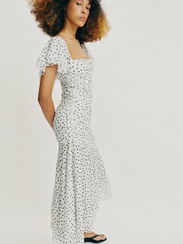 ZARA Square-Neck White Polka Dot Midi Dress - Image 5
