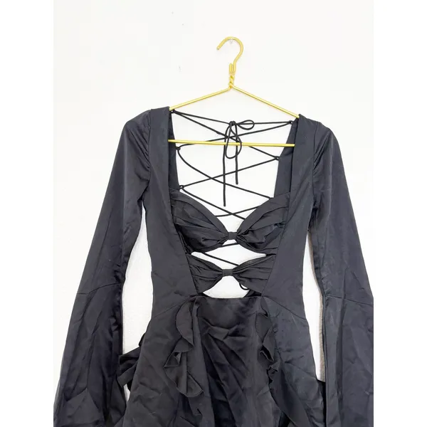 Oh Polly Adria Long Sleeve Bow Mini Dress Size 2 Black Satin Ruffle Lace Up Back - Image 5