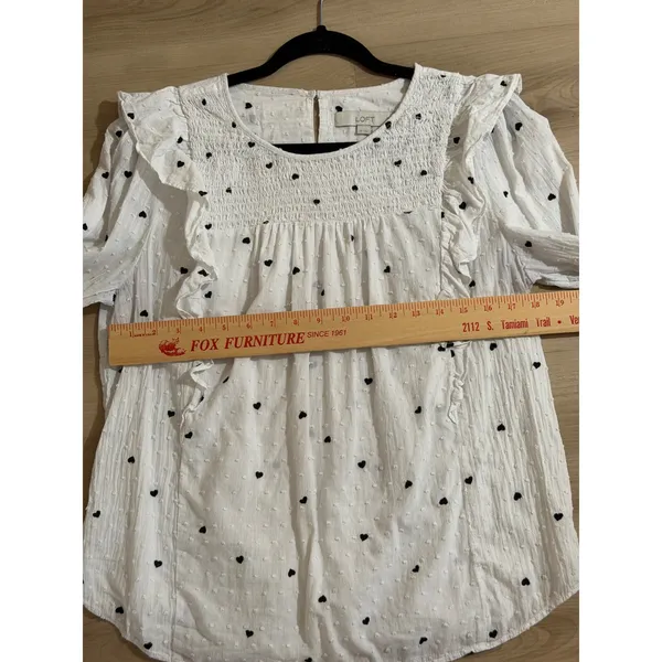 LOFT Blouse White M Womens Heart Print Ruffle Smocked Swiss Dot Long Sleeve - Image 2