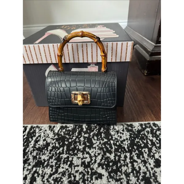 Black Croc-Embossed Bamboo-Handle Shoulder Bag with Gold Hardware - Image 6