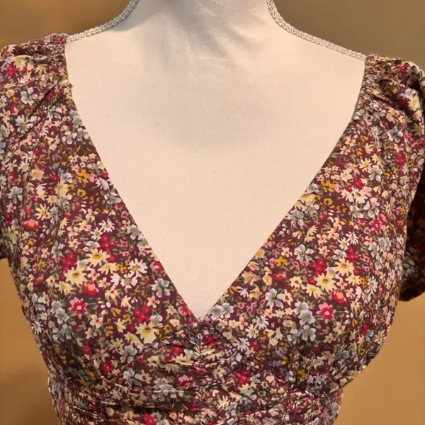 Sim &‎ Sam Brown Floral Ruched Peplum Top Open Back Tie Short Sleeve Size XL - Image 3