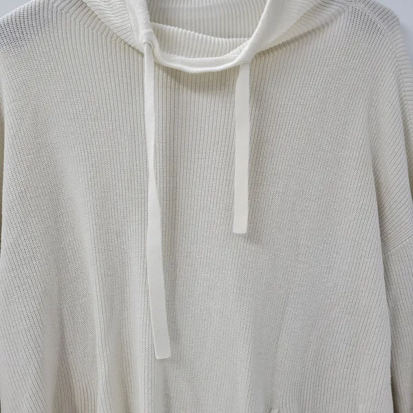 T by Talbots Womens Sweater Large Ivory Drawstring Cowlneck Waffle Knit Pullover - Image 2
